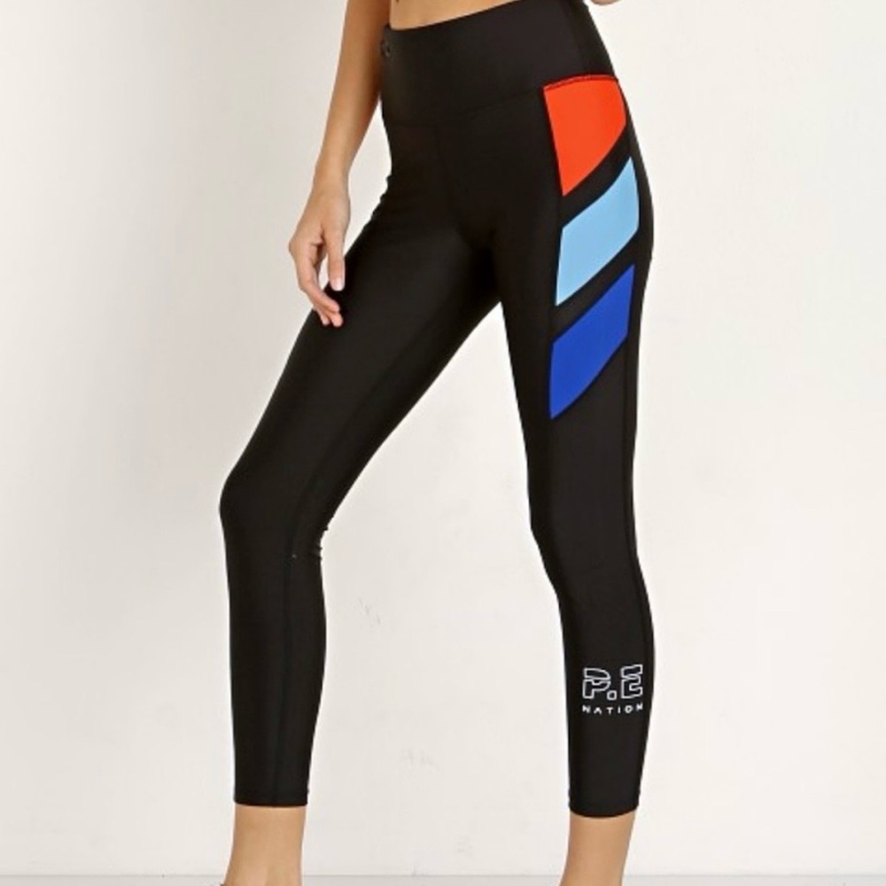 PE NATION Black Red Blue Stripe The Substitute Active Workout Gym Legging Size M